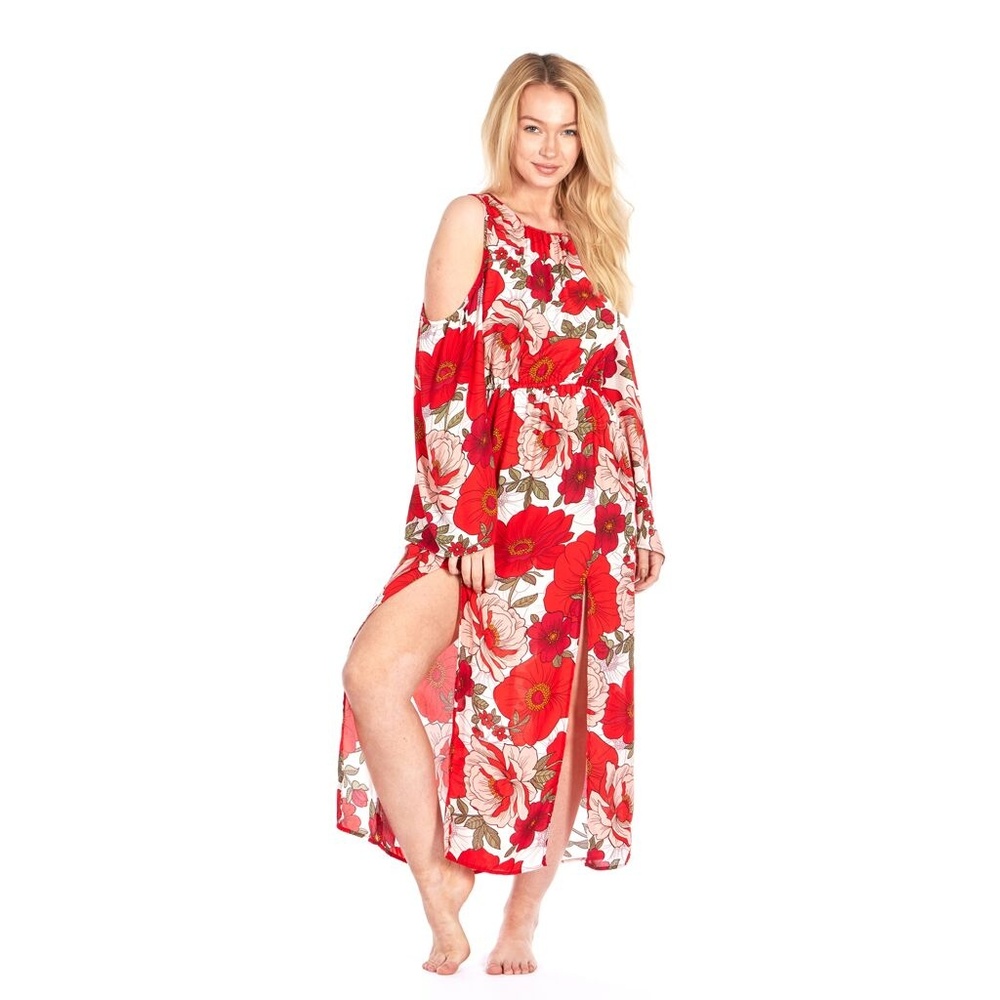 Go Coco Floral Shoulder-Cutout with Slits Dress